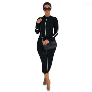 Casual Dresses Woman Contrast Color Long Sleeve Temperament Slim Midi Dress 2023 Spring Autumn Solid Sexy Mid-Length Skirt Female Pencil