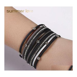 Link Chain Leather Wrap Armband f￶r kvinnor Boho Mtilayer Crystal Armband Armbands Casual fl￤tad handgjorda magnetiska manschetter Bangle DHPMB