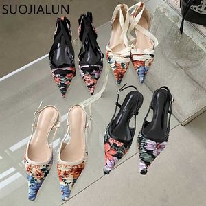 New Sandals SUOJIALUN Flat Sandal Summer Women Shoes Fashion Print Ladies Elegant Close Slingback Pointed Toe Shallow Mules Sho T Dc