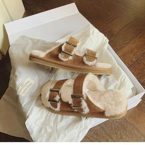 New Fur Sandals Inside Cork Slipper Autumn Winter Women Casual Nubuck Leather Outside Buckle Soft Plush S f