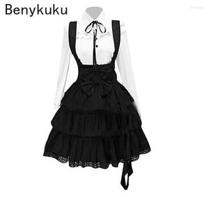 Vestidos casuais vestido de bolo retro court medieval gótico lolita senhora doce bowknot preto manga longa fantasia meninas camisa fofa camisa