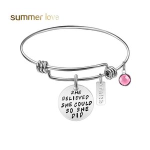 Bangle Inspirational Faith Pink Birthstone Charm Bracciale Per Donna 60Mm Espandibile In Acciaio Inossidabile Dimensioni Filo Goccia Consegna Gioielli Dhijv