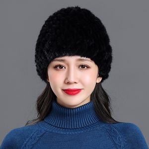 Inverno feminino quente de visita de pele de visita de malhas de malha el￡stica gorro de neve de neve