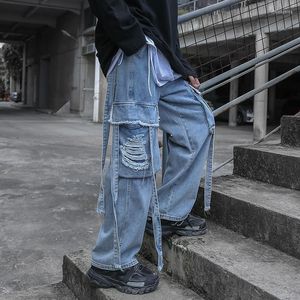 メンズジーンズの男性バギーがデニムのズボンのためにリッピングされた男性パンクレイブゴスパンツカーゴストリートウェア秋のヒップホップ315f