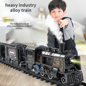 Julleksakstillförsel Simulering Steam Train Eloy Metal Car Track Railway Classical Model With Smoke Battery Operated Kids Gift 230210