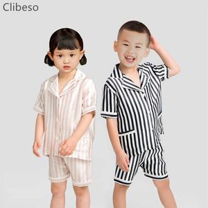 Giyim Setleri İspanyol Erkek Kız Pijama Kid 2pcs Sweetwear Set Toddler Mulberry İpek Stripe Shorts Tee Takım Kardeş ve Kardeş Giysiler W230210