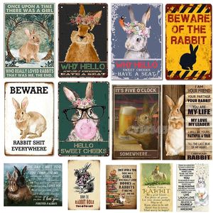 Funny Metal Bunny Tin Sign Beware of The Rabbit | Bunny Lover | Rabbit Sign Vintage Effect Plaque for Farmhouse Home 20x30cm Woo