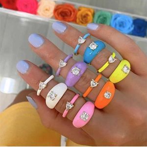 Solitaire Ring 2022 Ins Color Rainbow Fashion S For Women Finger Jewelry Clear CZ Colorful Neon Emamel Open Justerad kupol Y2302