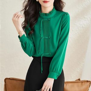 Women's Blouses Chiffon Women's Summer 2023 Solid Shirts Loose Long Sleeves Chinese Style Top Fashion Spring O-Neck Casual Clothing