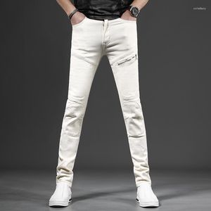 Men's Jeans Beige Men's Korean Style Slim Fit Pants Streetwear Casual Zipper Patchwork Denim Trousers CP2198