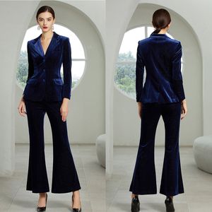 Celebrity Tailored Women Pants Suits Navy Blue Velvet Prom Party Wear Blazer For Wedding Wide Leg 2 Pieces