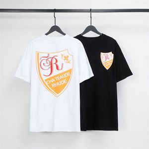 Rhude Short Shield Letter Print Summer Crew Neck Loose Sports shirts voor mannen en vrouwen 75 pn