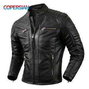 Erkekler deri sahte deri motosiklet nedensel vintage deri ceket erkekler Sonbahar kıyafeti moda bisikletçisi cep tasarımı üst katman inek deri ceket 230209