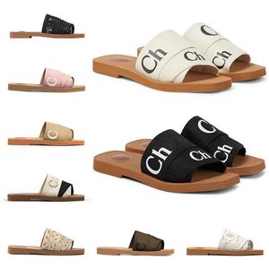 designer slippers Woody sandals for women Mules flat slides Light tan beige white black pink lace Lettering Fabric canvas slippers womens summer