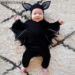 Rompers Bat Baby Infant Bawełna Halloween Dzieci Urocze ubrania zwierząt kombinezon Hallowmas kostium z kapeluszem 230209