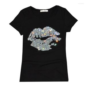 女性のTシャツトップセラーシャツ女性夏の半袖フェミニンファッションセクシーなリップクリスタルOネックソフトコットンレディースTシャツ女性 ’