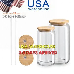 USA Stock 16oz Glass Mugs Sublimation Blanks Clear Frosted Mason Jar Cags Coffee Tea Tumblers with Bamboo Wid and Plastic Straw