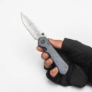 Anpassad Chris Reeve Folding Knife Inkosi Blue TC4 Titanium Handle Real Damascus Blade Portable Pocket EDC Outdoor Equipment Tactical Perfect Survival Tools