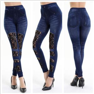 Leggings femininas mulheres rendas casuais hollow out simulação jeans elástica