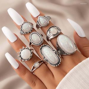 Cluster Rings Vintage Antique Silver Color Opal Stone Sets For Women Men Bohemian Geometric Oval Crystal Joint Ring Jewelry Anillos