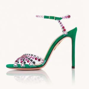 Aquazzura Sandals на высоких каблуках 100 мм, инкрустированные хрусталями, прозрачные ПВХ зеленые красные каблуки для неба-высокая каблука для женщин летние роскошные дизайнеры для обуви