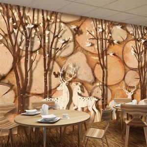 Wallpapers Wellyu Nordic Forest Elk Abstract Wood Plank Grain Bird TV Background Wall Custom Large Mural Green Wallpaper