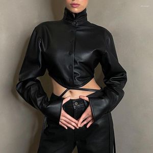 Women's Blouses Elegant Single Breasted PU Leather Shirts For Women Outfits Long Sleeve Cardigan Tops Blouse Gothic Clothes
