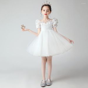 Girl Dresses 3-12 Years Old White Flower Dress High Waist Puff Sleeve Tutu Girls Lace Tulle Princess Gowns Children Party Costume