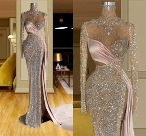2023 Luxury Beaded Evening Dresses Mermaid Long Sleeves High Neck Sequins Side Slit Crystals Custom Made Formal Occasion Wear Arabic Prom Gown vestidos