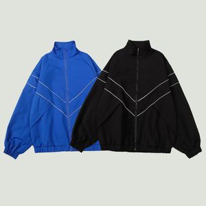 Męskie kurtki Hip Hop Refleksyjne paski Harajuku patchwork zamek błyskawiczny Windbreaker Streetwear Casual Loose Varsity Coats Unisex Blue 230210
