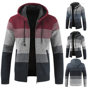 Herrtröjor Herrtröja 2023 Autumn Winter Hooded Stripe Thick Zipper Wool Cardigan Jumpers Mens Male Clothing My276