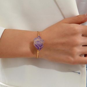 Bangle Purple Natural Stone Wire Wrap Oregelbunden rå kvarts öppen armband Kristall manschettarmband för kvinnliga smycken