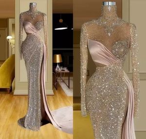 Side Split Sexy Mermaid Prom Dresses 2023 Sparkly Crystal Beaded High Neck Long Sleeve Evening Gowns Women Arabic Special BC11968 GW0210