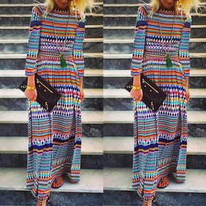 فساتين غير رسمية Boho Hippie Floral Printed Beach Dress Long Sleeve Maxi Robe Boheme Chic الفساتين المكسيكية النساء