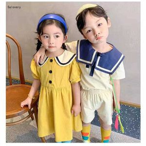 Clothing Sets Summer Kids Clothes Boys Girls College Style Cotton Linen Casual Clothes Fashion Unisex Brother and Sister Suit Lapel Dress W230210