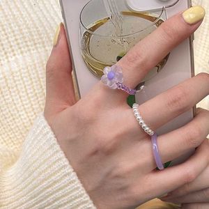 Solitaire Ring 3Set/Pcs New Fashion Korea Transparent Resin Flower Plant Pearl Beaded Knuckle For Women Wedding Party Summer Jewelry Gifts Y2302