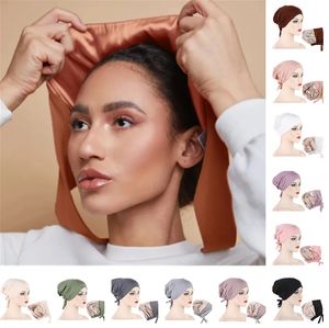 2023 New Hair Accessories New Multicolor Drawstring Pullover Hat Fashion Solid Color Turban Bonnet Tie Cord Satin Hats Muslim Ladies Hijab Caps