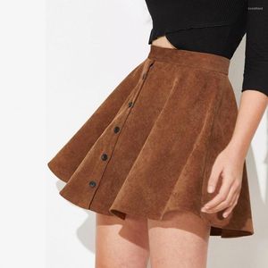 Skirts Corduroy Skirt Breathable Autumn Winter Solid Color Skater Mini Buttons Decor Skin-touching Daily Clothing