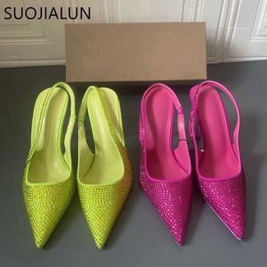 Kvinnor Brand Thin Suojialun Sandals High Heel Sandal Fashion Crystal Pointed Toe Slingback Shoes Shallow Slip On Ladies Elegant Pumps T230208 2E625