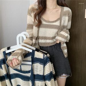 Women's Jackets 2023 Spring Summer Knitting Women 2 Piece Set Top Fashion Stripe Single Breasted Cardigan Shirt Casual Spaghetti Strap Vest