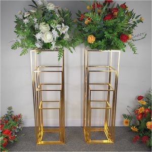 Other Festive Party Supplies 4pcs set Wedding Square Road Lead Iron Flowers Vase Column Stand Decoration Arrangement Frame Backdrop 230209