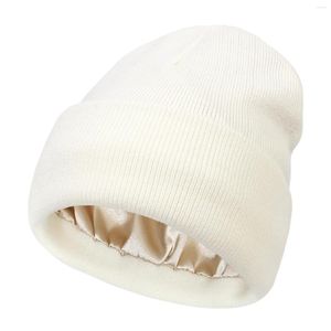 Berets Women Saitn Lined Knit Hat Acrylic Winter Beanie Hats Cable Chunky Slouchy Beanies Skull Warm Cap Soft Cuffed