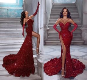 Sparkle Red Sequined Evening Dresses Sexy High Thigh Split Women Occasion Party Gowns Off Shoulder Backless Sweetheart Vestidos de fiesta 2023 BC15159