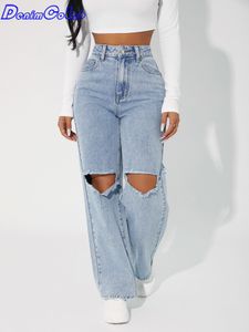 Kvinnors jeans denimcolab hög midja rak byxa modehål i knäskvinna lös pojkvän lady streetwear klippt ut denim byxor 230209