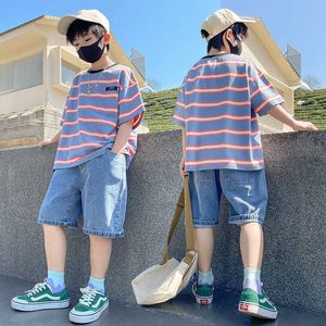 Clothing Sets Boys Fashion Summer Suits Kids Clothes Boys Striped TShirt Shorts 2Pcs Set Teenage Boys Streetwear Costume 4 6 8 10 12 Year W230210