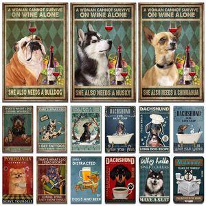 Cani divertenti Targhe in metallo Bulldog Husky Chihuahua Bassotto Poster in metallo retrò Casa Bagno Club Negozio di animali Decorazione murale Cucciolo Tempo del bagno Dipinti in ferro vintage 20x30cm Woo