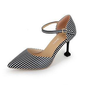 Dress Shoes Women Stripe Thin High Heel Female Pointy Mary Janes Slip-on Loafers Temperament Ladies Office Lady Woman Buckle Strap