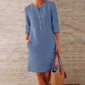 Casual Dresses Dress for Women Linen Cotton Clothing 2023 Spring Summer Female Blus långärmad knapp överdimensionerad ren midi klänning