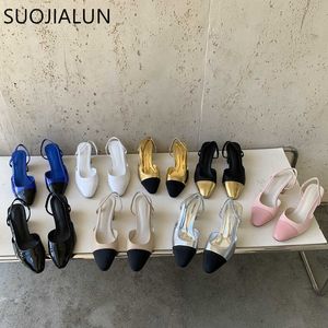 Sandals Spring Women New SUOJIALUN Sandal Brand Fashion Mix Color Ladies Elegant Slingback Mules Square High Heel Outdoor Dress Pumps T Dad B