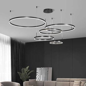 Luci Modern Ring Led Lampadario a soffitto con telecomando Tavolo da camera da letto Sala da pranzo Lampade a sospensione Home Decor Lustres Fixture 0209